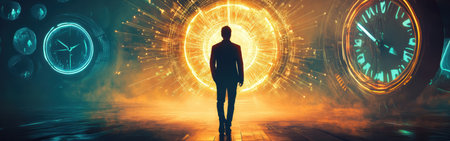 A glowing silhouette of a man stands amidst shattered clock faces and luminous numerals, representing the merging of time's past and future in a surreal landscape.の素材