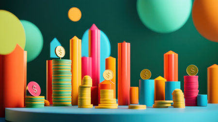 Brightly colored toy-like structures represent financial concepts, blending fun with investment themes. This creative display emphasizes the value of teaching financial literacy early in life.の素材