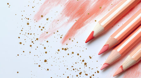 Pastel coral pencil strokes create a soft wash across the surface, accompanied by scattered golden dots that enhance the warm and serene atmosphere of the artwork.の素材