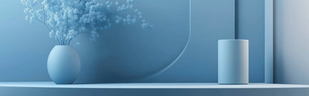 This elegant arrangement showcases a minimalist decor in pastel blue hues, highlighting soft gradients and a serene atmosphere. A vase with delicate flowers complements the tranquil setting.の素材