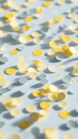 Delicate dots in pale yellow and soft gray are scattered across a muted surface, creating a playful and enchanting atmosphere perfect for seasonal festivities or artistic design.の素材