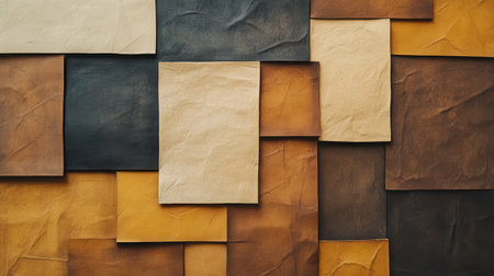 Muted amber tones create a minimalist background featuring asymmetric arrangements of papers. The composition focuses on texture and color variations, evoking a sense of depth.の素材