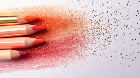 Pastel coral pencil strokes blend beautifully, creating a soft gradient that is accented by scattered golden dots. This design adds warmth and texture to any artistic environment or project.の素材