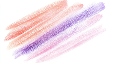 Delicate pencil strokes in soft coral and lavender hues wash together, blending into a calming white space, evoking a sense of tranquility and creativity.の素材