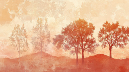 Silhouetted trees rise gently against a calming backdrop of muted coral and ochre hues, capturing the tranquility of nature during the soft twilight hours.の素材