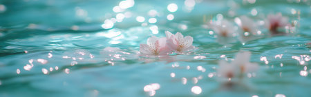 Delicate pale pink cherry blossoms float on soft blue-green water, their reflections shimmering. Bokeh-style light glimmers enhance the peaceful ambiance, evoking a serene spring vibe.の素材