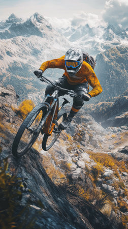 A cyclist performs an impressive jump on a mountain trail, showcasing skill and thrill amidst rugged rocky landscapes. The clear skies add to the breathtaking adventure.の素材