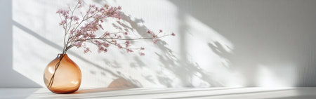 A delicate vase with soft pastel lavender and amber hues holds wispy branches. The warm colors dissolve into white, creating a calming atmosphere filled with gentle shadows.の素材