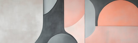 Pastel peach and gray shapes are arranged asymmetrically, showing a blend of soft curves and angles. This design emphasizes texture and visual harmony in a minimalist style.の素材