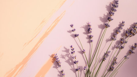 Delicate lavender stems are artistically placed on a softly blended peach and lavender backdrop. The minimalist design highlights the gentle contrast in colors and textures.の素材