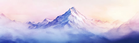 In this serene landscape, towering mountain peaks rise above a blanket of clouds, bathed in pastel hues of dawn. The soft watercolor effect enhances the tranquil beauty of nature.の素材