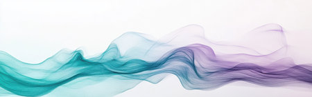 Soft and fluid ribbons of turquoise and purple flow harmoniously across a white background, creating a tranquil and airy atmosphere. The minimalist design evokes a sense of calm.の素材