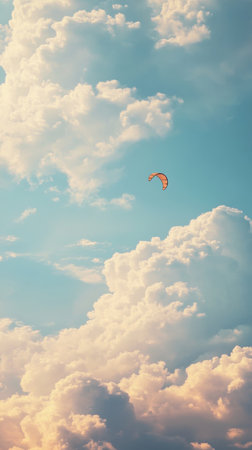 A vibrant kite flies gracefully against a backdrop of bright blue sky and soft, fluffy clouds. The scene captures the joy and freedom of kite flying on a perfect day outdoors.の素材