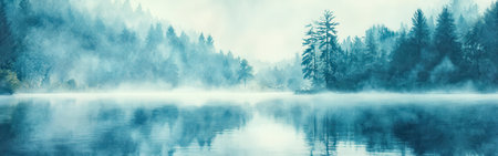 A serene lake is enveloped in early morning mist, surrounded by towering trees and a quiet forest. The calm water reflects the hazy landscape, creating a peaceful atmosphere.の素材
