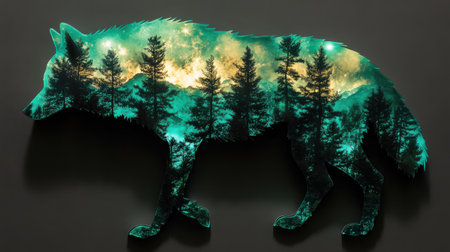 A glowing wolf silhouette showcases a radiant forest filled with trees, illuminated under the serene moonlight, merging wildlife with enchanting landscapes.の素材