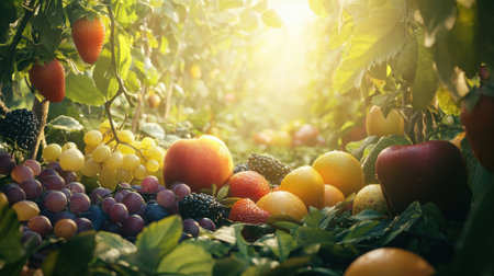 A vibrant layout of fresh summer fruits spreads across a lush spring garden, illuminated by warm natural light, creating a feast of colors and textures that invites admiration.の素材