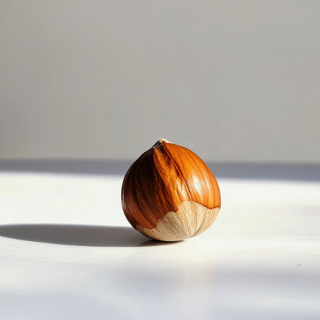 A singular roasted hazelnut features a shiny brown shell, revealing a golden interior. It is placed on a clean white surface against a minimalistic background, emphasizing its detail.の素材