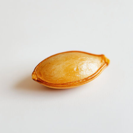 A single roasted pumpkin seed glistens with a golden-brown hue on a pristine white surface, highlighting its crispy texture and unique shape, perfect for healthy snacking.の素材