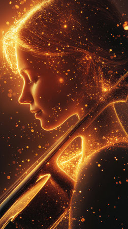 A serene profile of a woman glows with vibrant violin strings as soft golden light surrounds her, evoking a sense of peace and musical harmony in the atmosphere.の素材