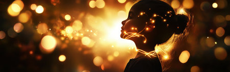 A child glows softly with Celtic knots and shimmering faerie lights, embodying the essence of folklore. Their silhouette merges with enchanting patterns and warm light, creating a mystical ambiance.の素材