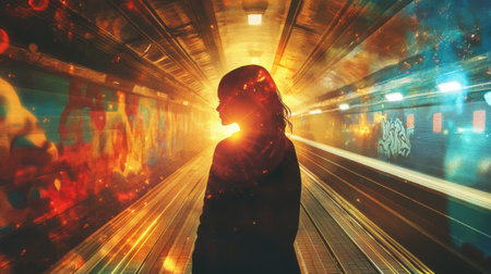 A woman stands silhouetted against glowing subway tracks, surrounded by vibrant graffiti. This creative scene captures the essence of urban vitality during twilight hours.の素材