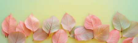 A vibrant arrangement features pastel pink leaves accented with lime green, set against a soothing gradient background of soft yellow and mint green, embodying the essence of spring.の素材