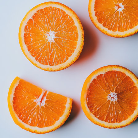 Fresh orange cut into neat wedges rests flat on a white surface. The bright orange slices display juicy segments, inviting a refreshing taste and vibrant color.の素材