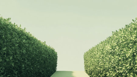 A serene garden path, flanked by neatly trimmed hedges, creates a peaceful atmosphere. The warm green tones capture the freshness of spring, inviting a leisurely stroll.の素材