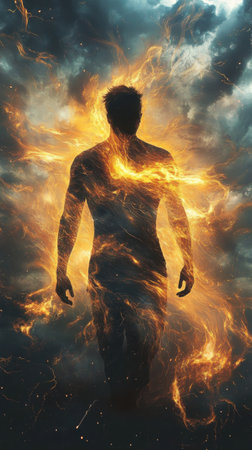 A man's silhouette emerges from vibrant thunderclouds filled with energy and light, symbolizing intensity and passion in a mystical atmosphere. The scene evokes a sense of power and transformation.の素材