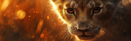 Soft fur and curious amber eyes of a lion cub are captured in golden light, revealing its whiskers and playful expression. This scene highlights the beauty of wildlife in nature.の素材