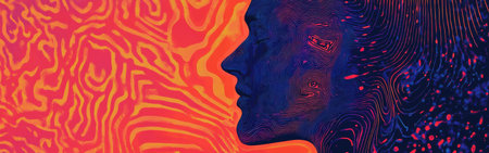 A man's profile is enhanced by intricate, glowing recursive patterns and vibrant shapes, capturing the essence of mystical complexity and artistic expression in a surreal environment.の素材