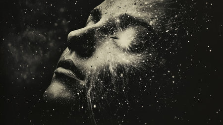 A mystical face dissolves into a starry night sky, with glowing constellations tracing the contours of cheeks and forehead while radiant light flows like tears into the cosmic expanse.の素材