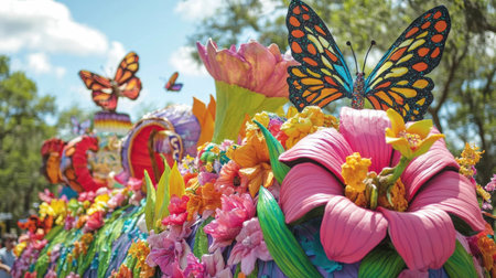 A vibrant float decorated with blooming flowers and giant papier-mache butterflies parades through a lively springtime procession, celebrating the beauty of nature and creativity.の素材