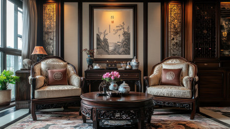 A classic sitting room showcases twin armchairs and a round coffee table. Beautiful decor items are arranged symmetrically, creating a warm and inviting atmosphere suitable for relaxation.の素材