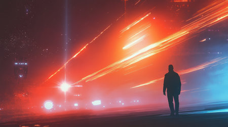 A glowing figure of a man stands amid radiant space stations and propulsion beams, embodying the spirit of discovery in a dynamic, cosmic environment.の素材