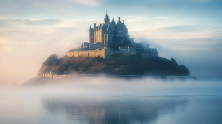 A majestic castle rests atop a hill, enveloped in morning mist. The structure's intricate architecture contrasts with the soft fog, creating a peaceful atmosphere.の素材