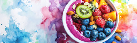 A smoothie bowl blends vibrant fruits such as kiwi, blueberries, and raspberries, adorned with almonds.の素材