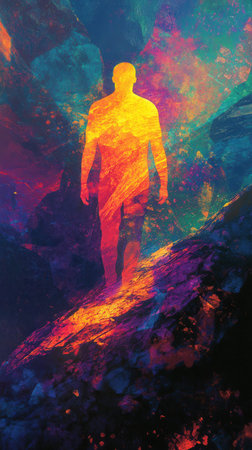 A glowing silhouette of a man walks over a vibrant and abstract landscape at dusk. The rich colors blend and swirl around him, creating a dynamic atmosphere full of energy and emotion.の素材