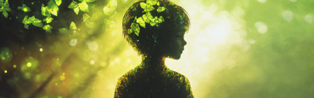A child stands quietly in a lush forest, surrounded by glowing light and ethereal butterflies. The child appears to emanate warmth and serenity, harmonizing with nature.の素材