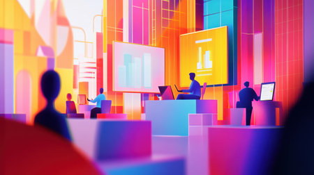 Illustration of diverse individuals engaged in educational activities within a colorful, futuristic environment.の素材