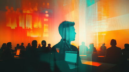 Participants are engaged in a seminar filled with vibrant colors and glowing visuals, creating an energetic atmosphere. The setting fosters interaction and active learning among attendees.の素材