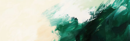 A vibrant abstract painting features smooth brush strokes in varying shades of green blending into a soft cream background, evoking a sense of tranquility and movement in the artwork.の素材