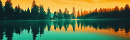 Soft golden hour light casts warm tones over the tranquil water, creating mesmerizing reflections of towering trees in a serene outdoor setting.の素材