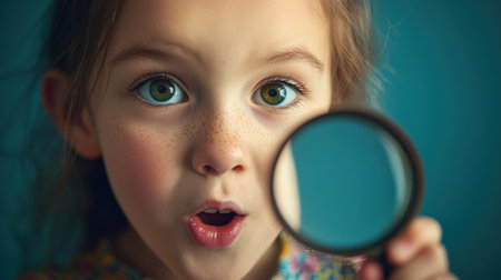 Bright-eyed young girl examines her surroundings with a magnifying glass, showing curiosity and delight in discovering small details in a vibrant setting.の素材