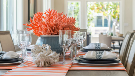 This dining room showcases a stunning coral centerpiece, beautifully complemented by neatly arranged plates and glassware. Natural light streams in, enhancing the inviting atmosphere for gatherings.の素材