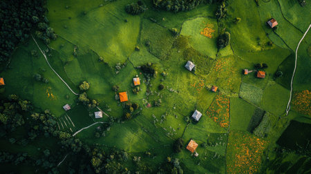 This captivating aerial view showcases a sprawling countryside with vibrant green fields, charming houses, and winding pathways. Nature and tranquility harmonize beautifully.の素材