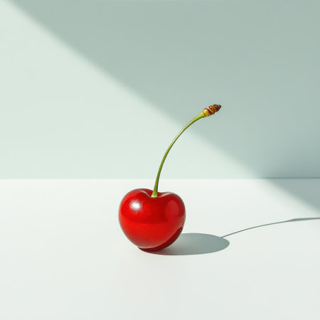 A vibrant red cherry rests on a smooth surface, showing its glossy skin and delicate green stem. The lighting creates a subtle shadow, enhancing its fresh appeal.の素材