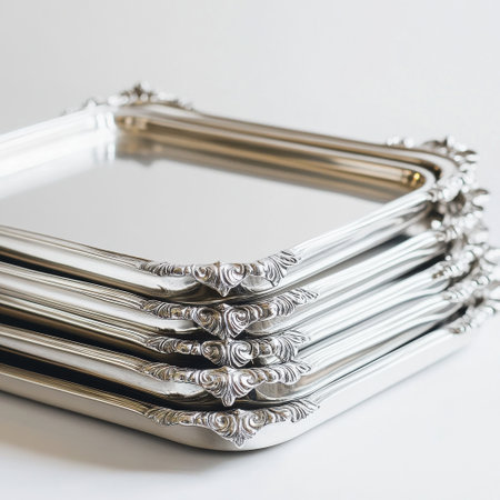Elegant silver serving trays are stacked neatly, showing intricate designs and reflections. The light enhances the shine of the metal, creating a sophisticated atmosphere.の素材
