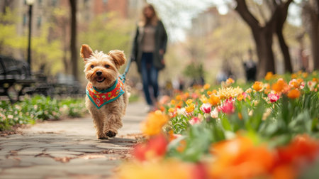 A small dog with a colorful bandana is trotting joyfully along a pathway surrounded by vibrant flowers. People stroll nearby enjoying the lovely weather.の素材