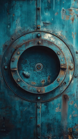 Rust and tarnish cover the metal plate, showing a circular design surrounded by bolts. The vibrant turquoise color contrasts with the decay, depicting age and exposure in an outdoor environment.の素材